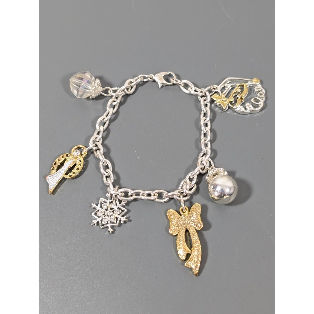 Winter Christmas Two Tone Angel Santa Bow Snowflake Charm Bracelet 7‎ in